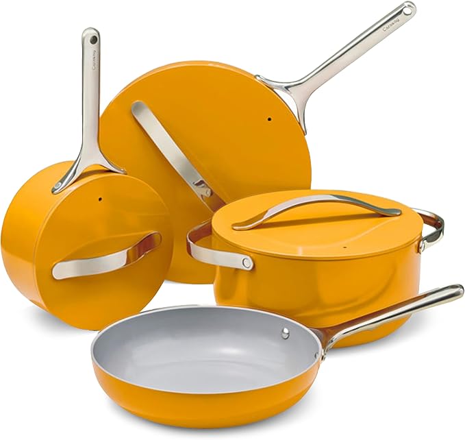 Caraway Non-stick Ceramic Cookware Set (12 Piece) Pots Pans Lids and Kitchen Storage - PFAS &amp PFOA Free - Oven Safe Pan Set &amp Compatible with All Stovetops - Marigold