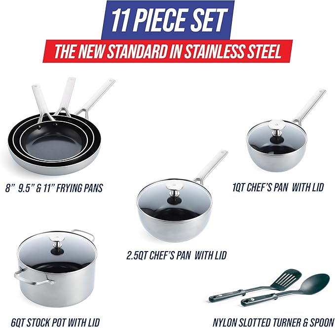 Blue Diamond 11 Piece Cookware Set Stainless Steel Tri-Ply Induction Compatible Diamond Infused Ceramic Nonstick PFOA and PFAS Free Dishwasher Safe Metal Utensil Safe Scratch Resistant Silver