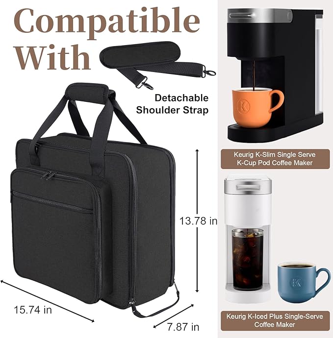 Portable Carrying Coffee Maker Travel Bag Match for Keurig K-Slim//K-Iced Plus Single Serve Coffee Machine Travel Bag with Padded Shoulder Straps Includes Multiple Storage Bags Black