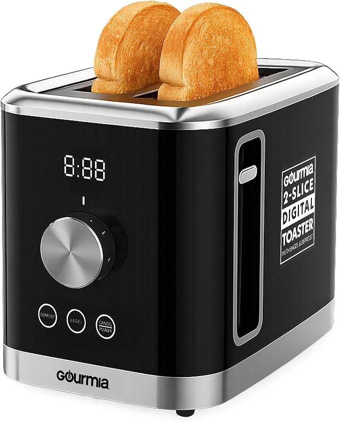 Gourmia 2 Slice Toaster – 6 Browning Levels with Bagel and Defrost Mode One-Touch Toasting Removable Crumb Tray Extra Wide Slots Compact Design Black