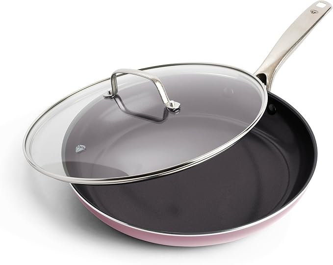 Blue Diamond 12 Nonstick Frying Pan with Lid Diamond Infused PFAS &amp PTFE-Free Ceramic Skillet Dishwasher &amp Oven Safe Stay Cool Handle Durable Non Toxic Metal Utensil Safe Glass Lid Pink