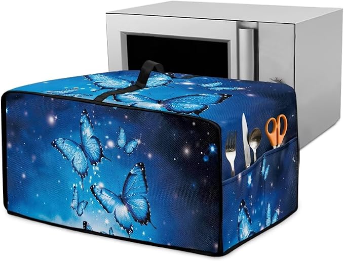 Faux Linen Polyester Toaster Oven Cover Scratch Resistant Appliances Dust Cover with Top Handle Storage Pockets for Home Kichen Appliances Butterfly Sea Surface