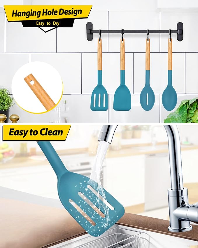 Pack of 4 Silicone Cooking Utensils Set Non Stick Solid Spatulas and Heat Resistant Slotted Spoons with Wooden Handle Ideal Wood Kitchen Utensils Set for FryingServingTurningStirring (BLUE)