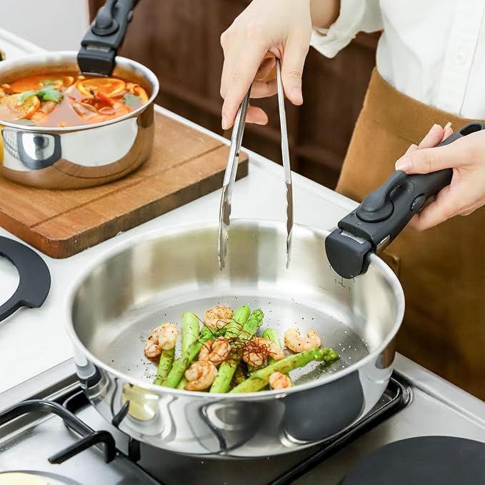 ROYDX 20pcs Tri-Ply Stainless Steel Cookware Set 18/10 Stainless Steel Pots and Pans Set with Detachable Handle Cookware Set PFOA Free for All Stoves Space Saving Induction Oven Safe