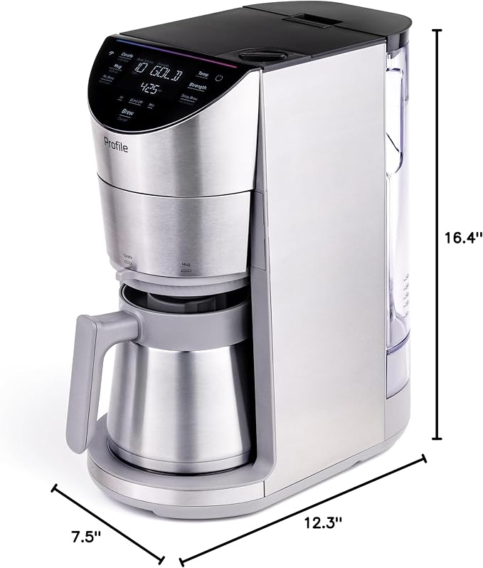 GE Profile Smart Grind &amp Brew Coffee Maker w/Podless Single Serve 90oz Water Reservoir 10 Cup Thermal Carafe Voice Control Adjustable Burr Grinder SCA Certified Barista-Quality Stainless St