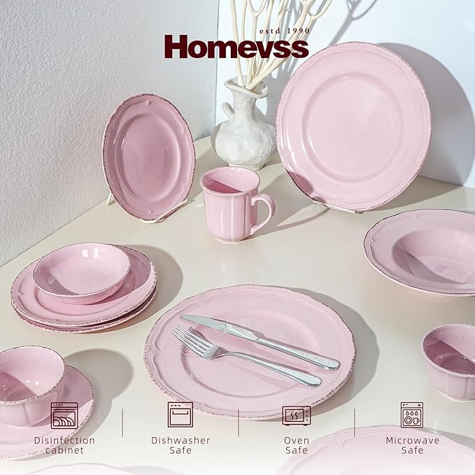 20pc Dinnerware Set Plate and Bowl Set Stoneware Dishes Set for 4 Microwave and Dishwahser Safe Scratch Resistant French Countryside Speckled Antique Pink