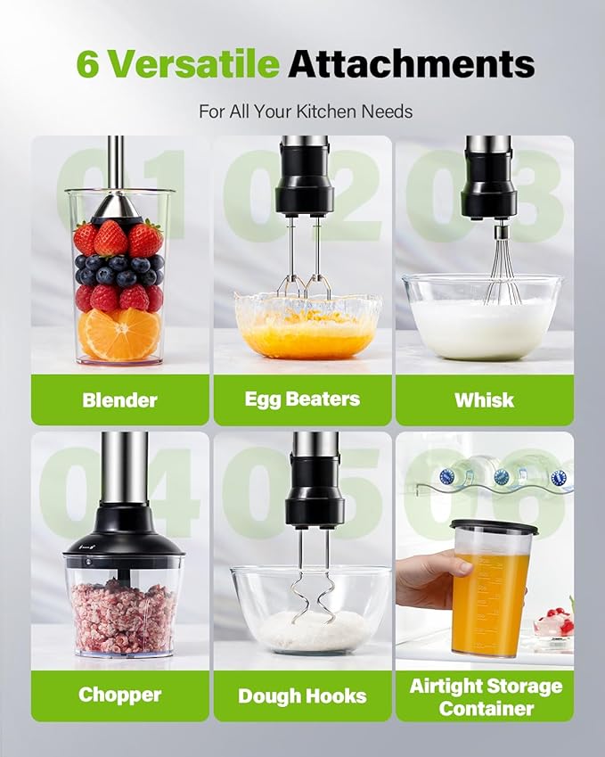 6-in-1 Immersion Blender 1000W Hand Blender with 20 Speeds Scratch-Resistant Stick Mixer with Whisk Chopper Beaker Egg Beaters &amp Dough Hooks – Heavy Duty Hand Mixer Black