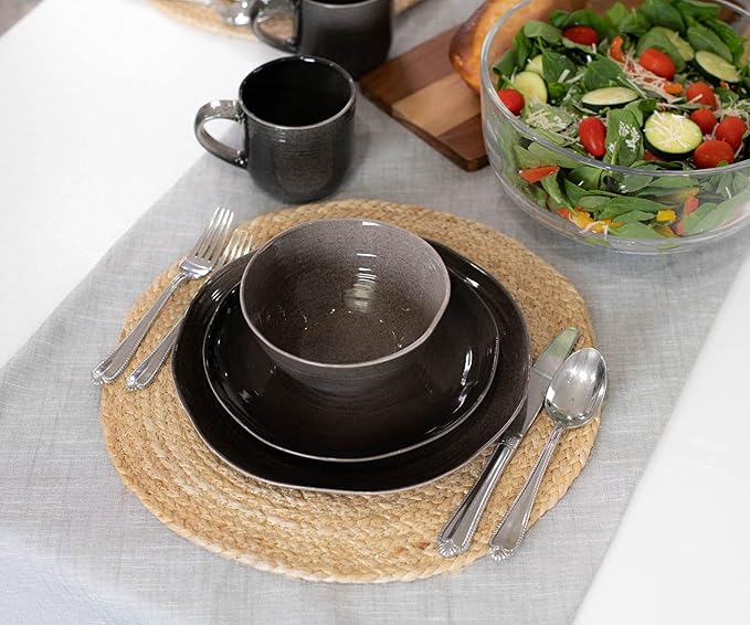 Elanze Designs Reactive Glaze Farmhouse Rustic Boho Ceramic Stoneware Dinnerware 16 Piece Plate Bowl Mug Dish Set - Service for 4 Mocha Grey Ombre