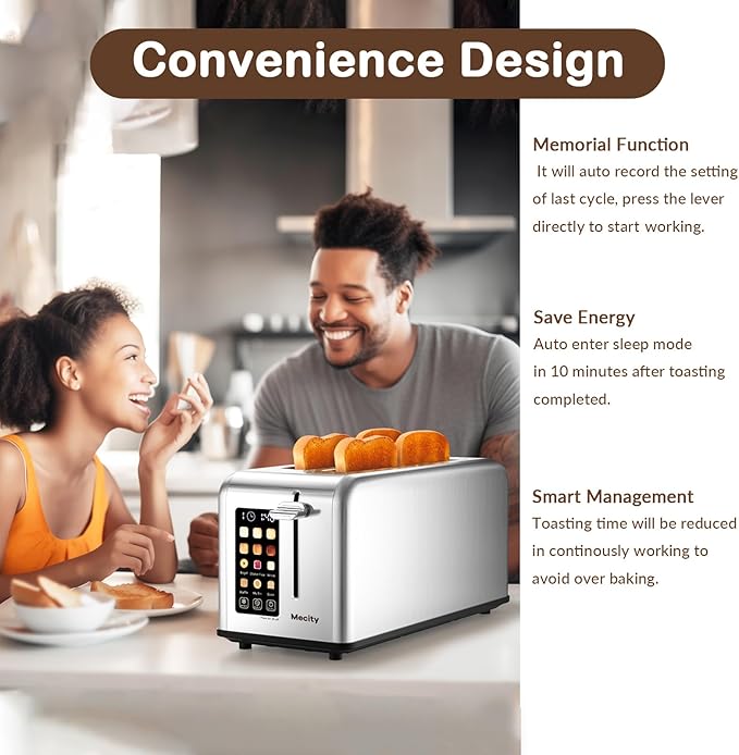 Mecity 4 Slice Toaster Touch Screen 1.5 Long Slot Stainless Steel Smart Bread Toaster for Bagel Muffin Waffle Gluten Free Breads Timer Defrost Reheat 120V 1400W