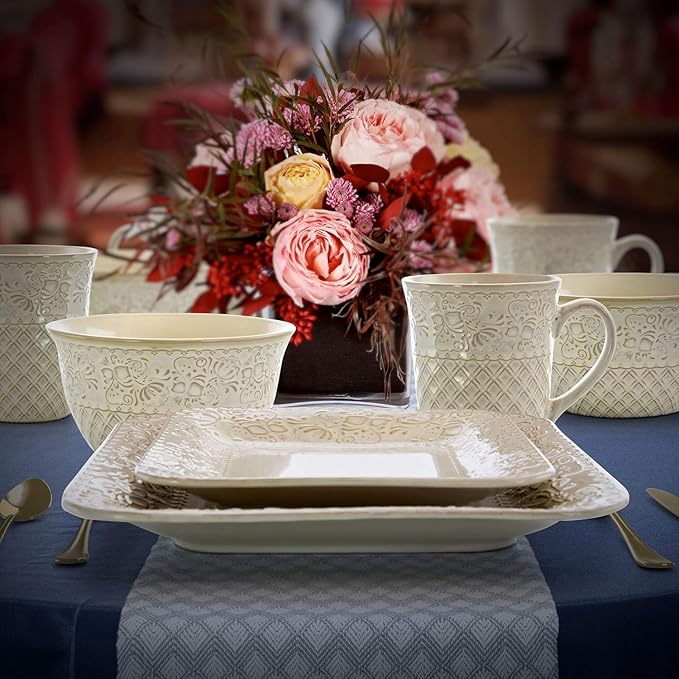 16 Piece Square Stoneware Dinnerware Set – Ivory Plates and Bowls with Baroque Design Microwave &amp Dishwasher Safe Dinnerware for 4 Elegant Tableware Set