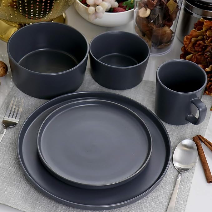 Luxmatte 20-Piece Stoneware Dinnerware Set – Modern Matte Finish Dish Set for 4 Microwave &amp Dishwasher Safe – Includes Dinner Plates Salad Plates Bowls and Mugs in Four Colors (Dark Grey)