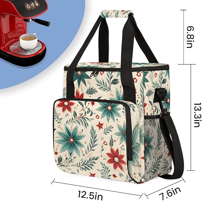 Christmas Flowers Coffee Maker Carrying Bag Mystical Flowers Travel Storage Bag Compatible with K-Mini or K-Mini Plus Single Serve Coffee Brewer Carrying Case with Multiple Pockets &amp Shoulder St