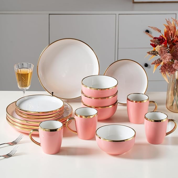 Stoneware Tableware Set for 4 Ceramic Dinnerware Sets with Gold Trim Including 10.5 Dinner Plates 7.75 Dessert Plates 6 Dinner Plates and 14oz Coffee Cups Porcelain (Pink Glod)