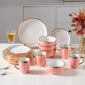 Stoneware Tableware Set for 4 Ceramic Dinnerware Sets with Gold Trim Including 10.5 Dinner Plates 7.75 Dessert Plates 6 Dinner Plates and 14oz Coffee Cups Porcelain (Pink Glod)