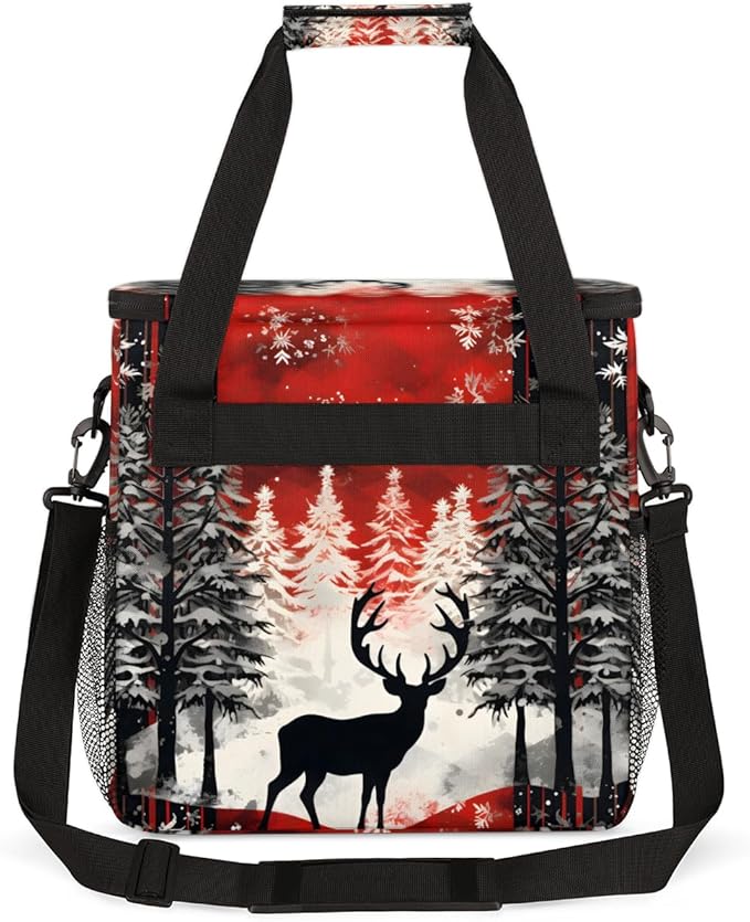 Christmas Misty Forest Coffee Maker Carrying Bag Winter Reindeer Travel Storage Bag Compatible with K-Mini or K-Mini Plus Single Serve Coffee Brewer Carrying Case with Pockets &amp Shoulder Strap