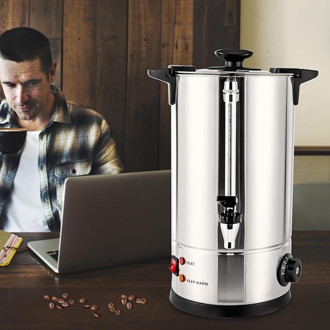 Commercial Coffee MakerStainless Steel Coffee Urn with Temperature Control Coffee Maker Hot Water Urn for Catering (Black+Silver 10L)