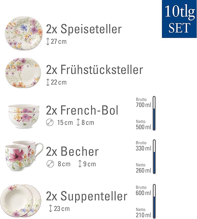 Villeroy &amp Boch 10-4100-8953 Starter Set 10pcs Mariefleur Basic Table Service 10 Pieces Elegant Crockery in a Floral Pattern Premium Porcelain White/Multi-Coloured Dishwasher Safe