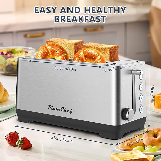 4-Slice Toaster Extra Wide Long Slot Toaster 6 Browning Settings Bagel/Defrost/Reheat Functions Removable Crumb Tray Stainless Steel Housing (Stainless Steel)