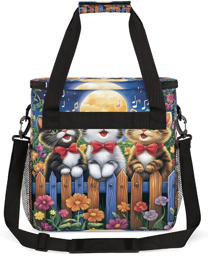Cartoon Cat Singing On Flowery Fence Coffee Maker Carring Bag Travel Carrying Storage Tote Bag Compatible with Keurig K-Mini or K-Mini Plus Portable Single Serve Coffee Brewer Case with Pockets