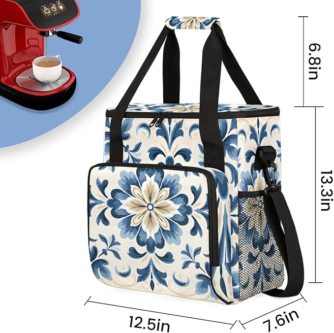 Watercolor Blue Flowers Coffee Maker Travel Bag for Keurig K-Mini/K-Mini Plus Insulated Waterproof Tote with Pockets for K-Cup Portable Single-Serve Brewer Case