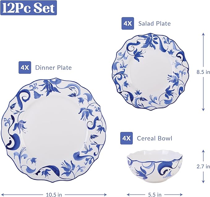 222 Fifth 12-Piece Porcelain Dinnerware Set for 4 Blue &amp White Plates and Bowls Set Glossy Ceramic Dish Set with Beautiful Floral Rims Elegant Kitchen Dishes Microwave &amp Dishwasher Safe A