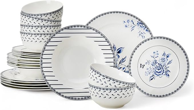 24-Piece Bone China Dinnerware Set in Gift Box Service for 6 Porcelain Dinnerware Tropical Dishes Set - Dinner Plates Dessert Plates Cereal Bowls Mugs (Vintage Indigo)