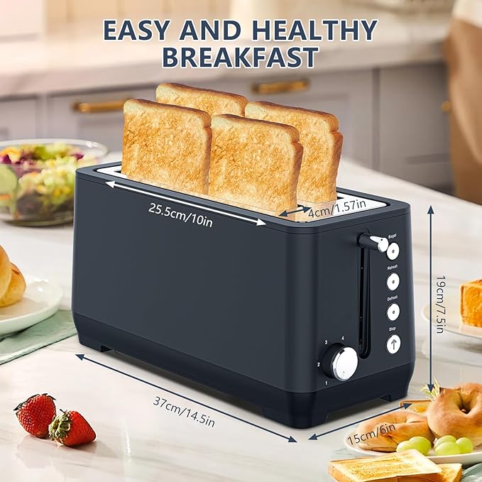 Toaster 4 Slice Wide Slot Toaster Long Slot with Warming Rack 6 Browning Settings Bagel/Defrost Functions Removable Crumb Tray (Antique Blue)