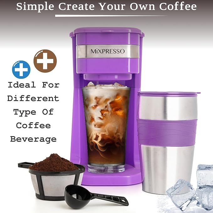 Mixpresso Purple Personal Single Serve Coffee Maker with 14oz Travel Mug Drip Small Coffee Maker with Auto Shut Off Reusable Filter Works with Ground Coffee Only – Not for K-Cup Pods