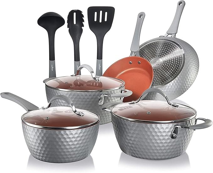 NutriChef NCCW11GD 11 Piece Nonstick Ceramic Coating Diamond Pattern Kitchen Cookware Pots and Pan Set with Lids and Utensils Gray (2 Pack)