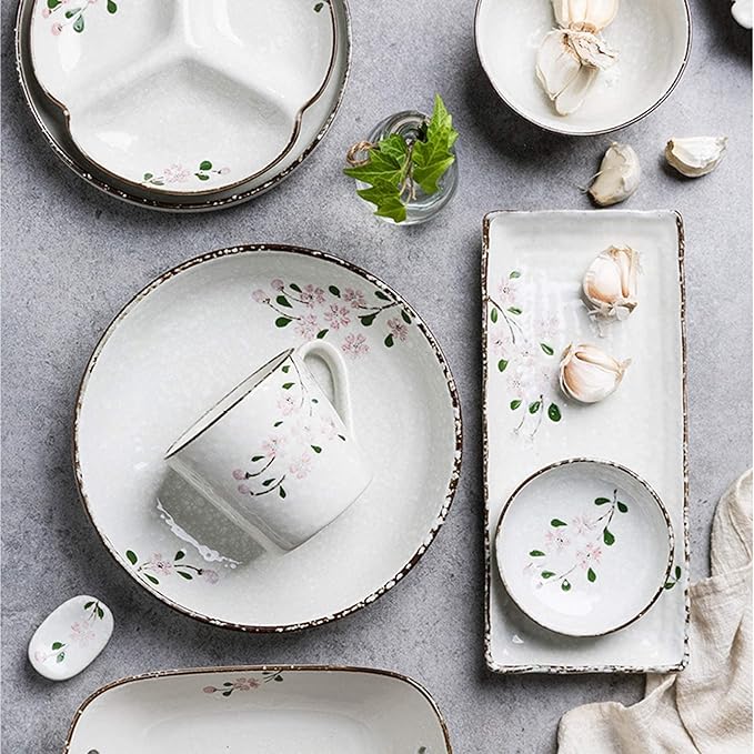 Dishes Dessert Plates Ceramic Dinner Plate Sets 13-Piece Kitchen Dinnerware Set Service for 2 Hand-Painted Cherry Blossom Premium Quality Porcelain Plates Set