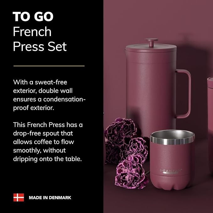 Scanpan TO GO French Press Coffee Maker 1.0L (Persian Red) + 2 Vacuum Cups 350 mL (Persian Red) - 18/8 Food Grade Stainless Steel - Scratch-Free Coating - Dishwasher Safe