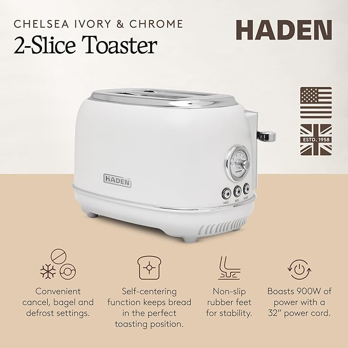 Haden Chelsea 2-Slice Wide Slot Stainless Steel Toaster with Adjustable Browning Control &amp Non-Slip Feet Ivory &amp Chrome
