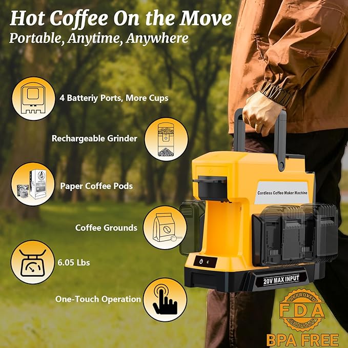Cordless Coffee Maker for Dewalt 20V MAX Battery 3 Brewing Options Drip Coffee Maker with Coffee Grinder Portable Single Serve Coffee Makers for Camping Travel and Jobsite. (Tool Only)