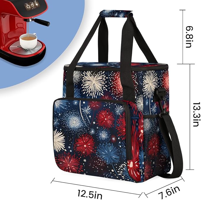Sparkler-Swirled 4th of July Coffee Maker Carrying Bag Travel Storage Bag Compatible with K-Mini or K-Mini Plus Single Serve Coffee Brewer Carrying Case with Multiple Pockets &amp Shoulder Strap
