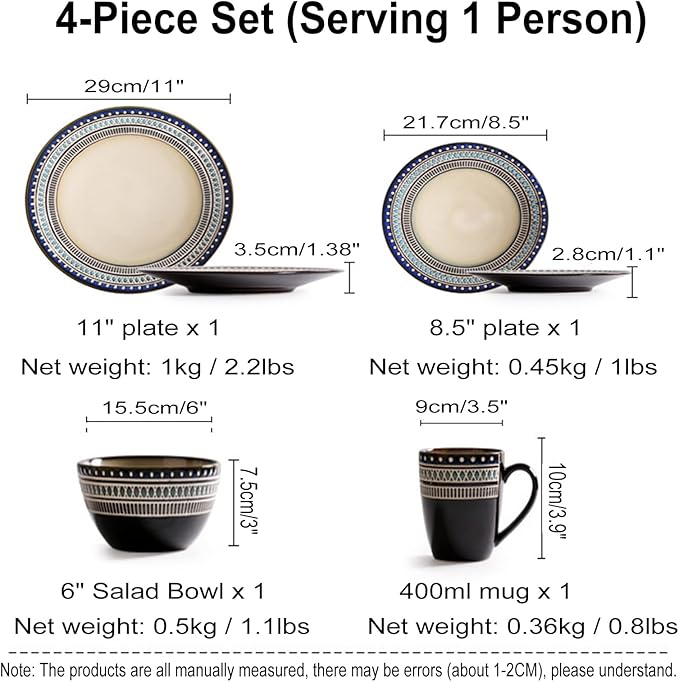 Porcelain Dinnerware Sets 4 Piece Stoneware Dinnerware Set Ceramic Plates and Bowls Sets Dishes Dinner Set with Dinner Plate Dessert Plate Salad Bowl and Mug Se
