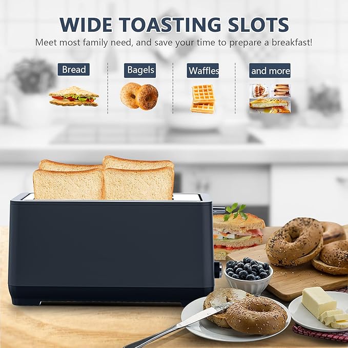 Toaster 4 Slice Wide Slot Toaster Long Slot with Warming Rack 6 Browning Settings Bagel/Defrost Functions Removable Crumb Tray (Antique Blue)