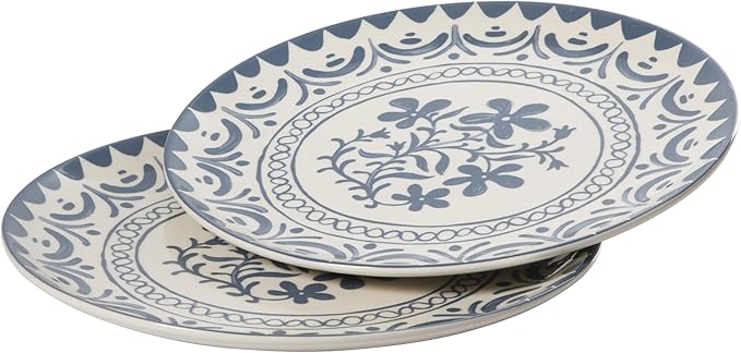 Bloomhouse - 2-Time Oprah’s Favorite Things - Valencia Flor 2 Piece 13” Serving Platter Set Stoneware Platters Mediterranean Floral Decal Design Microwave &amp Dishwasher Safe Iris Blue