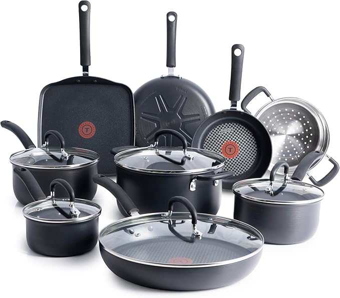 T-fal Ultimate Hard Anodized Nonstick Pots and Pans Set 14 Piece Oven Broiler Safe 400F Kitchen Cooking Set w/Fry Pans Saucepans Griddle Dutch Oven Dishwasher Safe Cookware Black