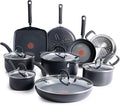 T-fal Ultimate Hard Anodized Nonstick Pots and Pans Set 14 Piece Oven Broiler Safe 400F Kitchen Cooking Set w/Fry Pans Saucepans Griddle Dutch Oven Dishwasher Safe Cookware Black