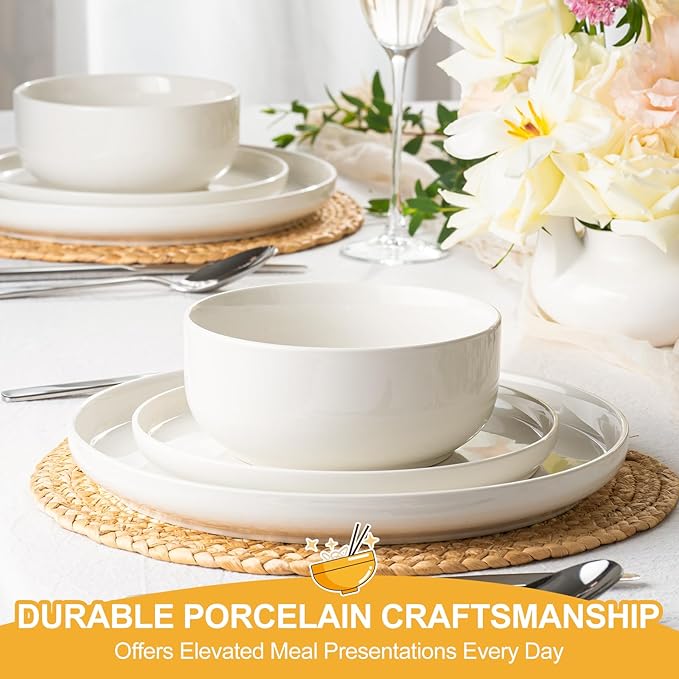 EWFEN Plates and Bowls Sets 24 Pieces Ceramic Dinnerware Set for 8 Stoneware Dishware Dishes Set Scratch Resistant Dishes Set Dishwasher &amp Microwave Safe White
