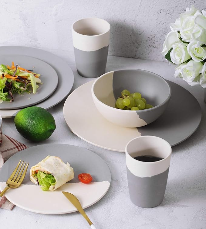 MORGIANA 8 pcs Bamboo Dinnerware Set Reusable Plates Bowls Sets Camping Picnic Dishes Tableware Set for 2 (Grey &amp White)