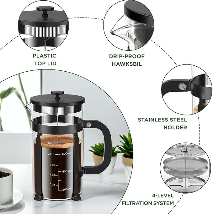 French Press Coffee Maker 34 Ounce 1 Liter Stainless Steel Cold Brew Heat Resistant Borosilicate Glass Espresso Coffee &amp Tea Maker with 4 Filter