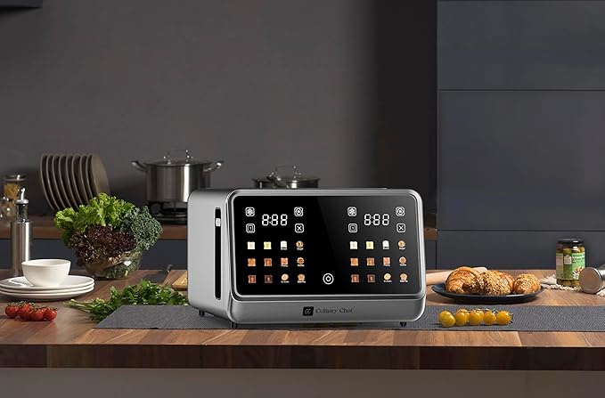 MAGNAVOX HOME Culinary Chef 4 Slice Smart Toaster Touchscreen Wide Slots- Bread English Muffins Croissants and Bagels 5 Adjustable Toast Settings Cancel/Defrost 6 Bread Types &amp Shade Sett