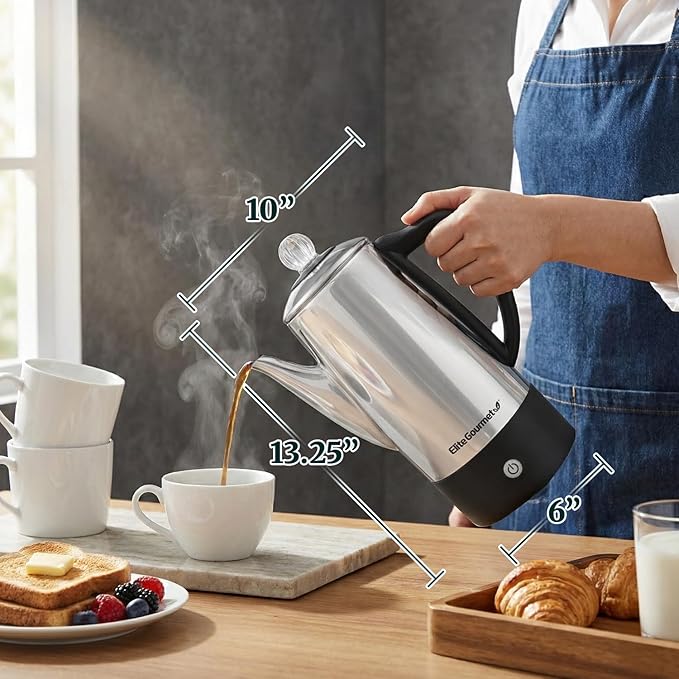 Elite Gourmet EC812 Electric 12-Cup Coffee Percolator with Keep Warm Clear Brew Progress Knob Cool-Touch Handle Cord-less Serve Stainless Steel