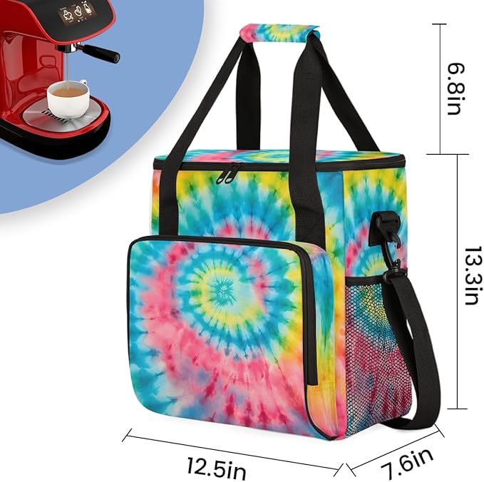 Tie Dyeing Coffee Maker Carrying Bag Yellow Pink Travel Storage Bag Compatible with K-Mini or K-Mini Plus Single Serve Coffee Brewer Carrying Case with Multiple Pockets &amp Shoulder Strap