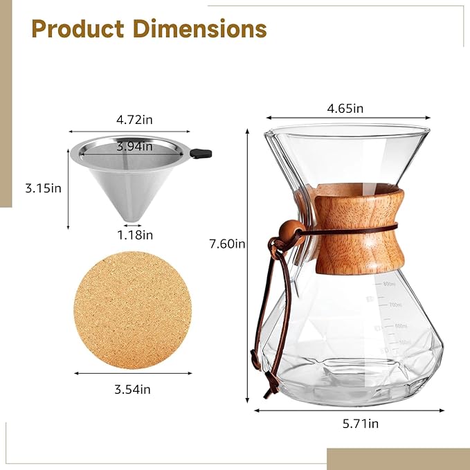Borosilicate Glass Coffee Maker Set 800 Ml Wooden Handle Pour Over Single Serve Stainless Steel Filter 4 Coasters Included
