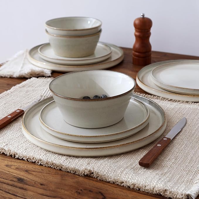 Famiware Annecy Dinner Plates and Bowls Sets Stoneware Dinnerware Sets Dishes Set for 6 18 Pieces Handmade Dishware Set - Microwave &amp Dishwasher Safe Double Reactive Glaze Tableware Grey-Whit