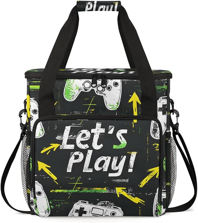 Gaming Theme Coffee Maker Travel Bag for Keurig K-Mini/K-Mini Plus Insulated Waterproof Tote with Pockets for K-Cup Portable Single-Serve Brewer Case