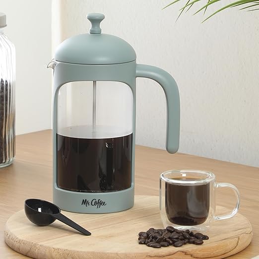Mr. Coffee Retro Brew French Press Coffee Maker 31-Ounce Glass Carafe with High Heat Resistant Durable Borasilicate Glass &amp Teal Frame and Plunger Includes Coffee Scoop