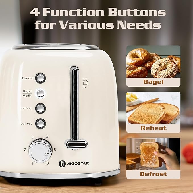 Aigostar Toaster 2 Slice Sandwich Maker Panini Press Tostadora de Pan Retro Extra-Wide Slot Toasters Best Rated Prime for Bagels Breads Waffles